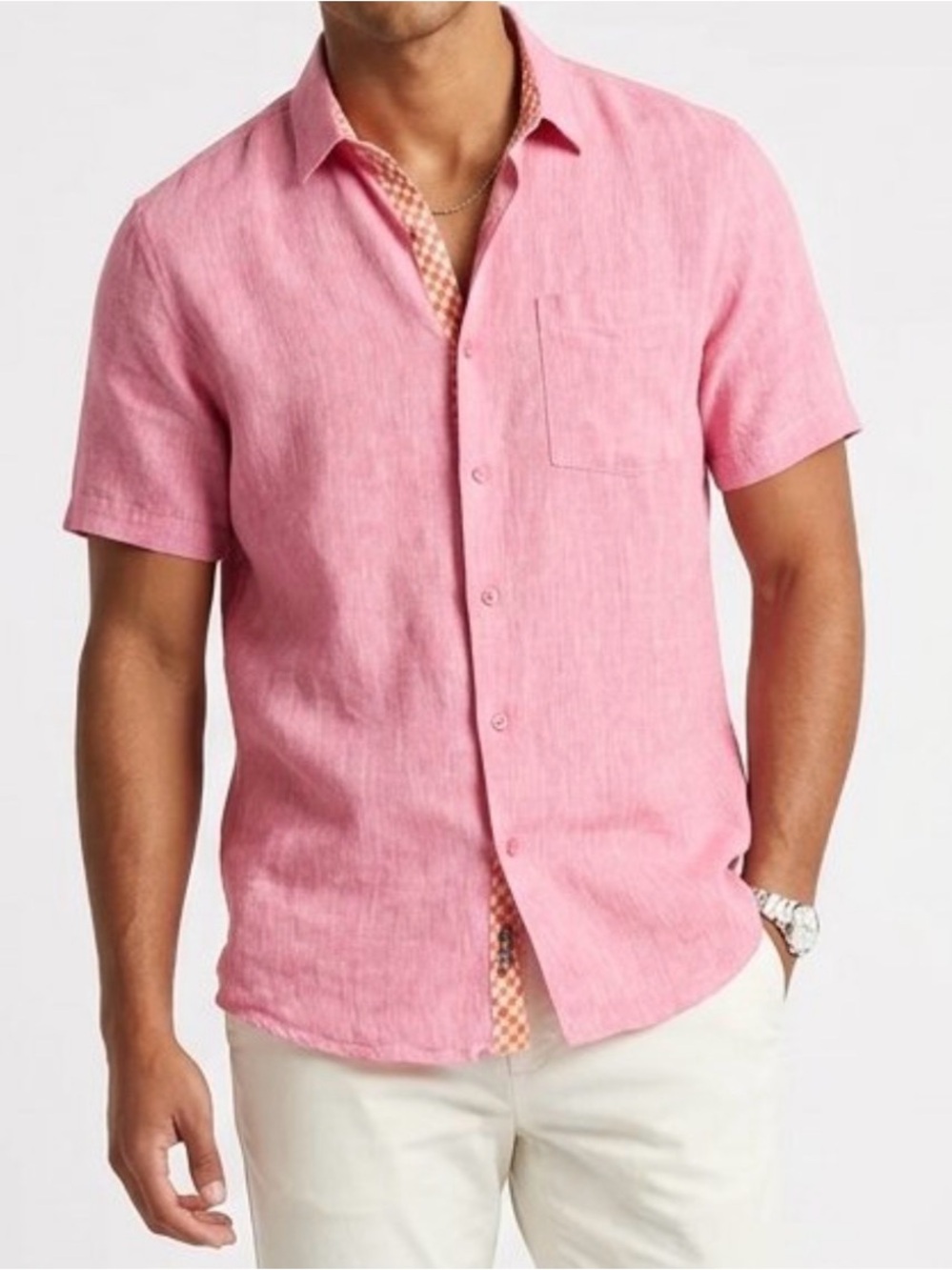 Bohio Men's Short-Sleeve Linen Casual Button-Up Shirt in Salmon Sz-XL.  BB7